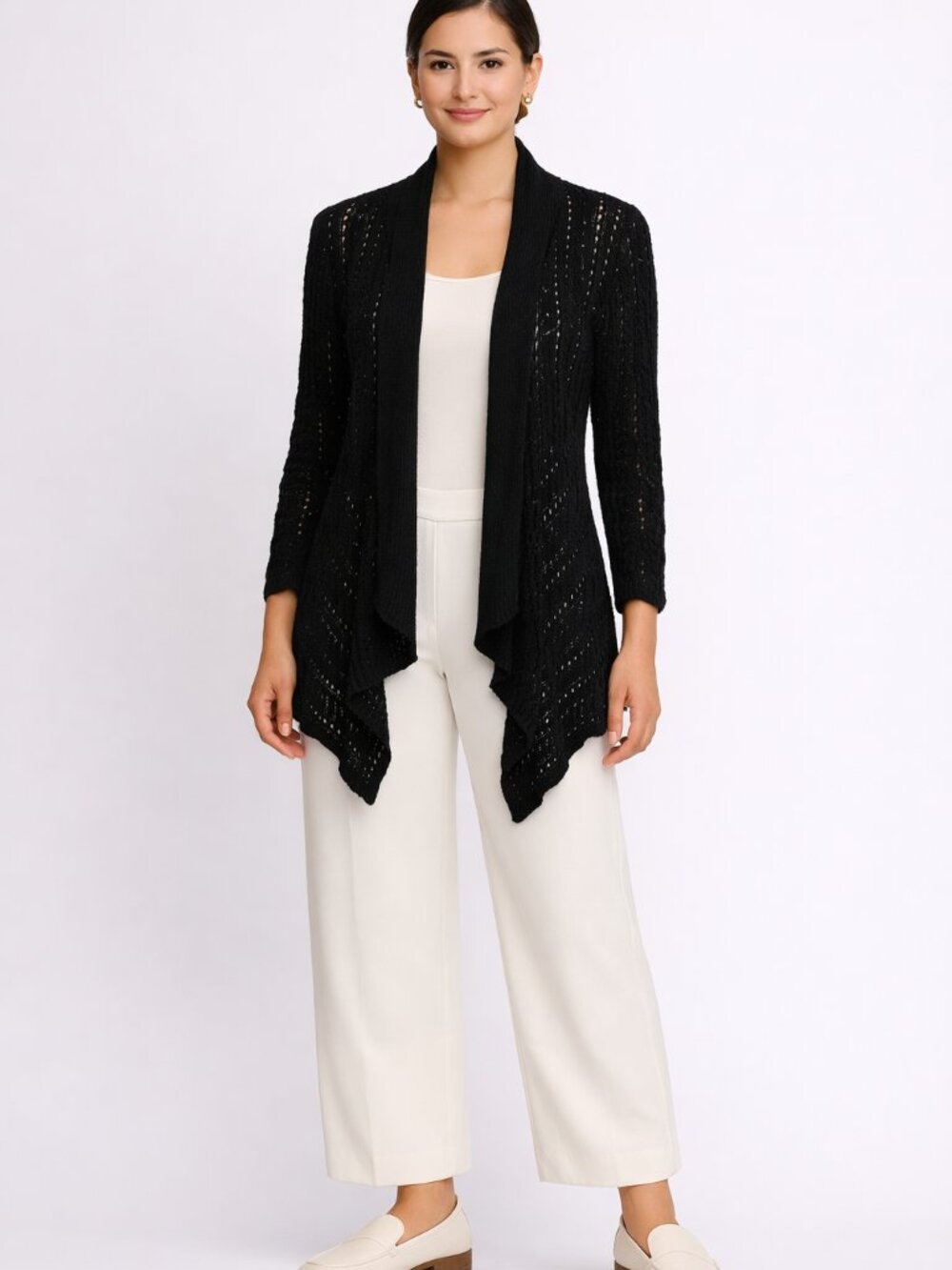 Saks Fifth Avenue Black Women's Open Front Open Knit Cardigan Size Large